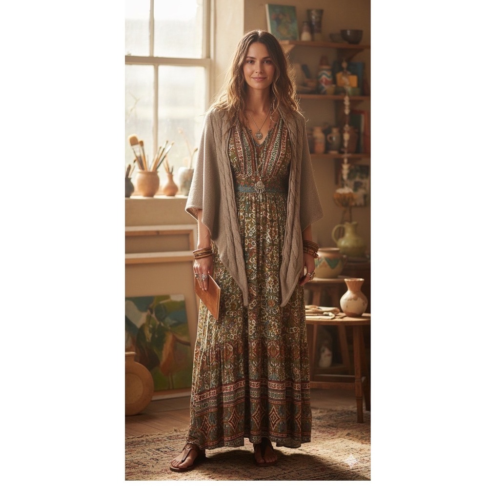 Free People Scarf Wrap OS Cable Knit Open Front Poncho Shrug Boho Cozy‎ Earthy
